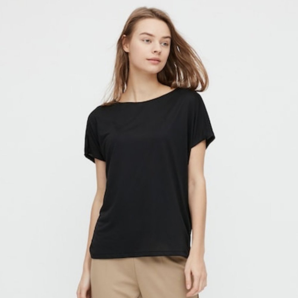 Uniqlo Black Drape Crew Neck Short-Sleeve T-Shirt